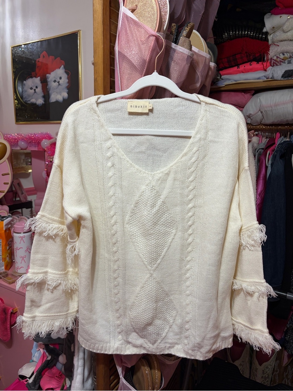 Ninexis Cream Fringe-Trim V-Neck Cable Knit Sweater